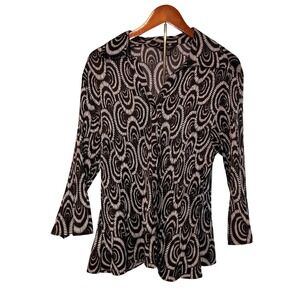 Susan Taylor Womens Blouse 1X Black White Print Button Down Long Sleeve